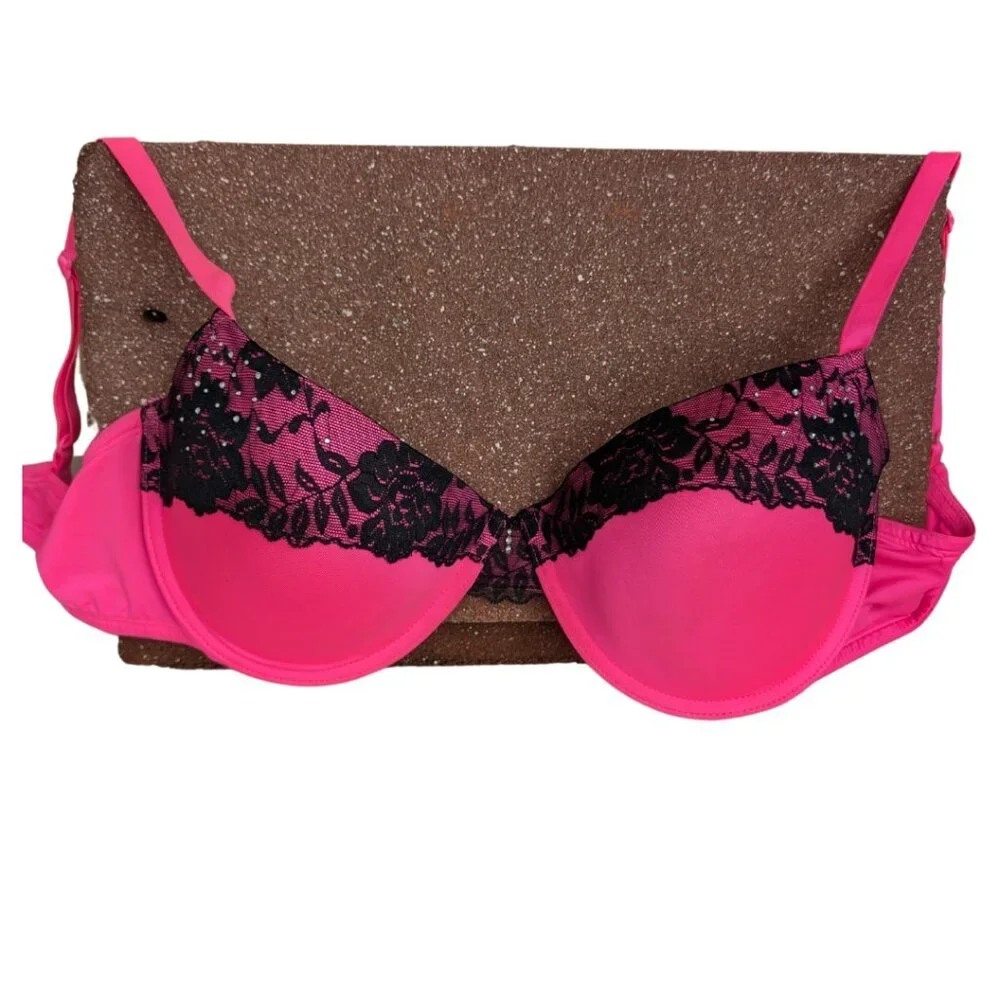 38 D Hot Pink Black Lace Underwire Rhinestone Detail - Picture 6 of 6